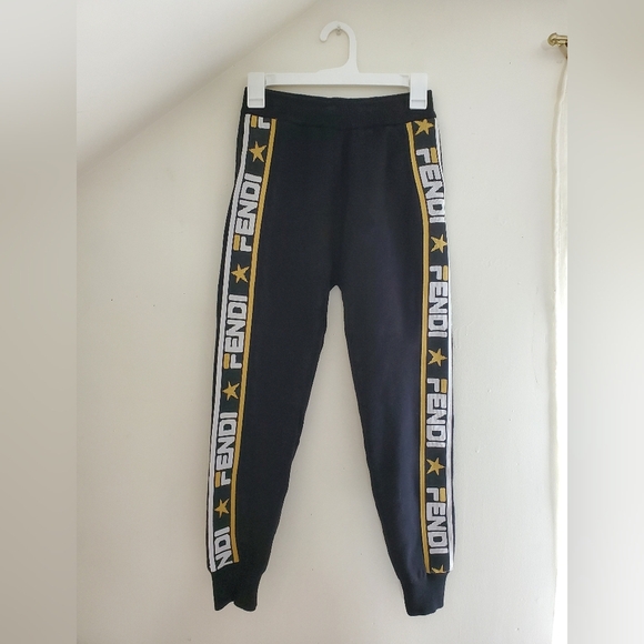 Fendi Pants - Fendi Black Knit Logo Side Band Jogger Sweat Pants